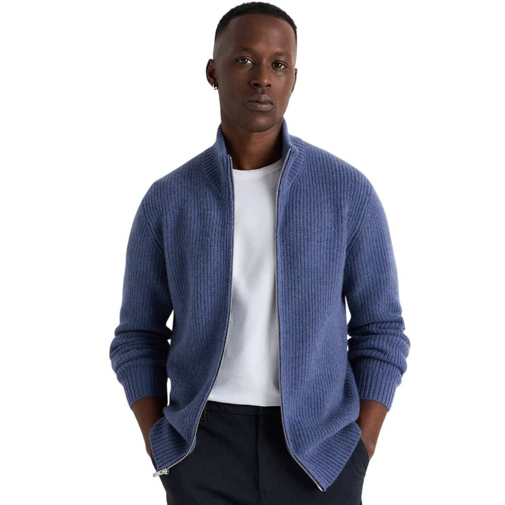 New Quince Men’s Heather Blue Mongolian Cashmere Fisherman Full Zip Sweater XL